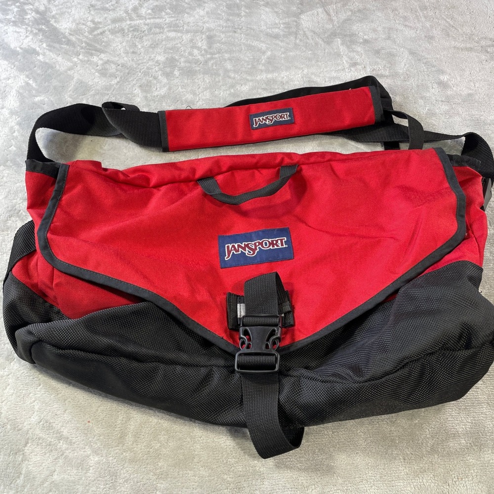 Vintage JanSport Messenger Duffel Bag Red Crossbody Laptop Gym Adjustable Y2K